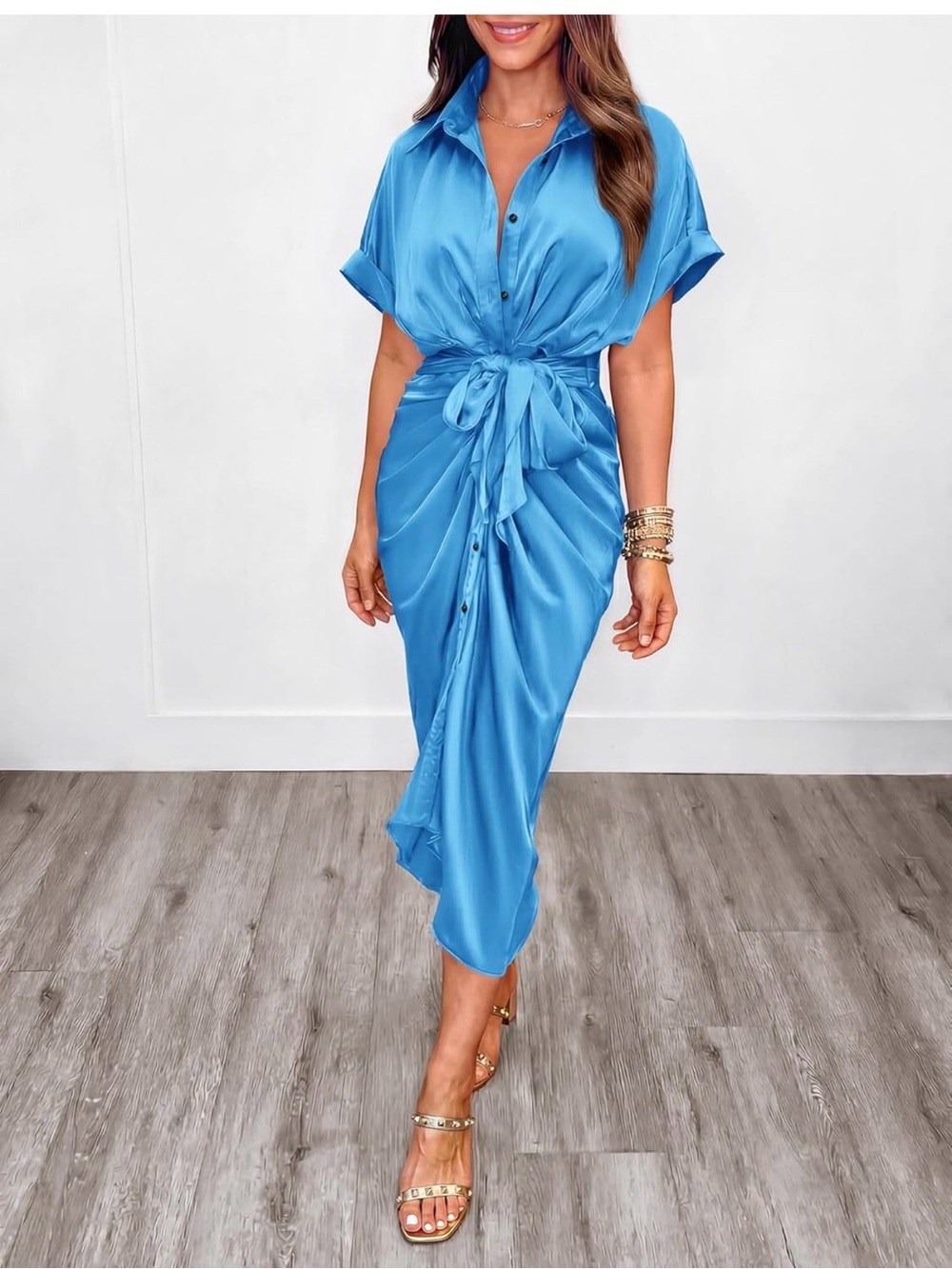 Elegant Blue Tie-Waist Midi Dress